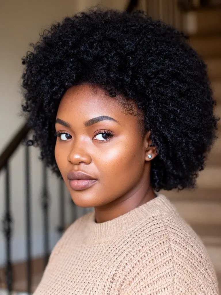 Natural afro three-quarter view on a Kenyan woman under ring light