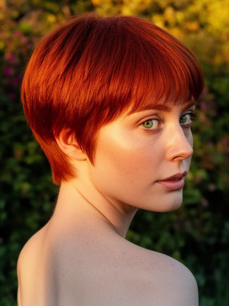 Long pixie cut over-shoulder view on a woman with auburn red hair