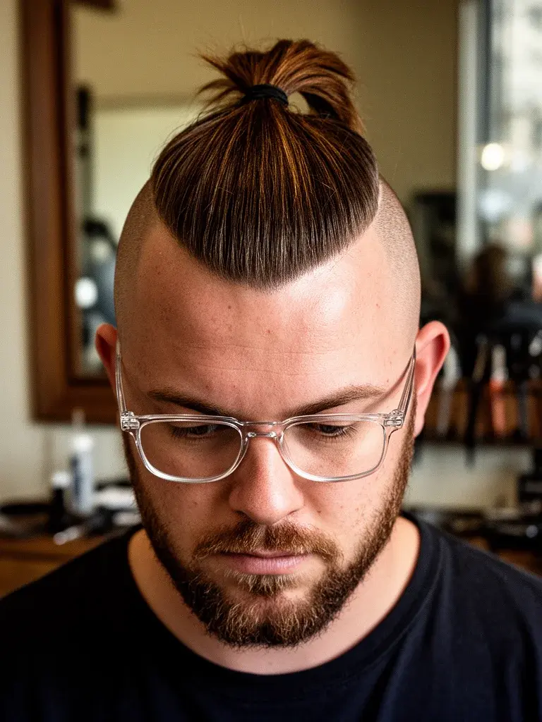 Warrior cut on wavy hair with natural texture in the top knot