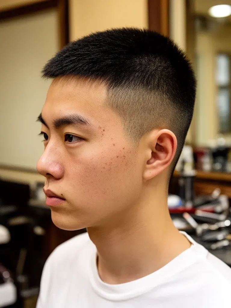 Modern buzz side profile with sharp temple line and even texture