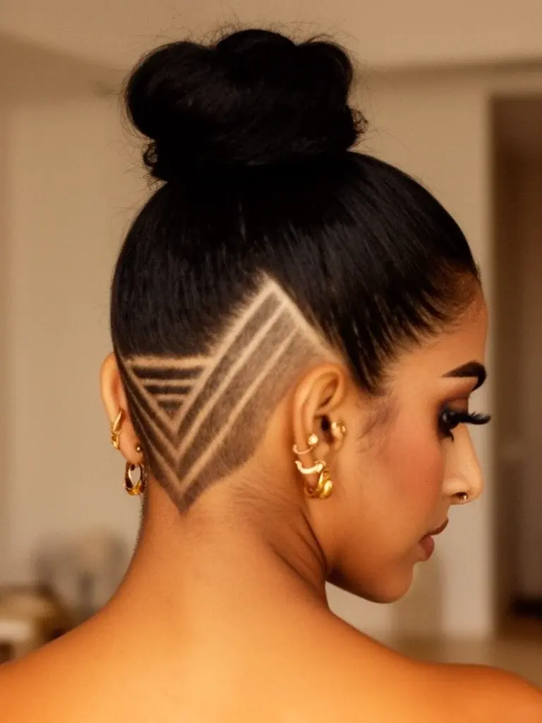 Undercut pixie on a mixed heritage woman, shaved sides with long top swept back