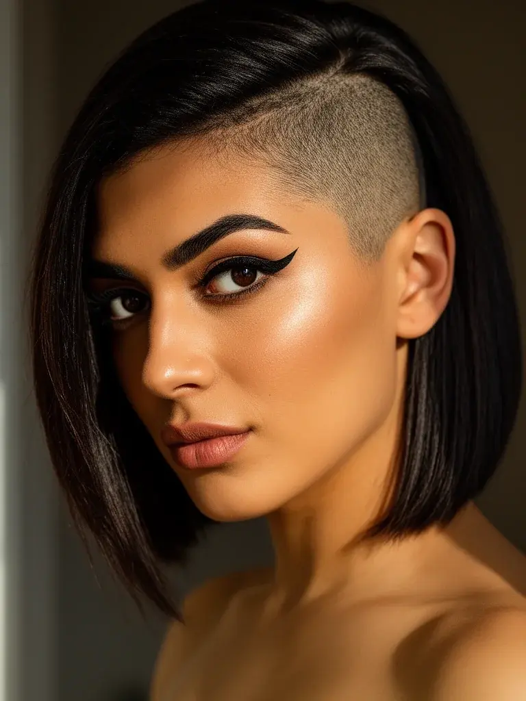 Asymmetrical bob with undercut on a Middle Eastern woman with dark hair and bold eyeliner