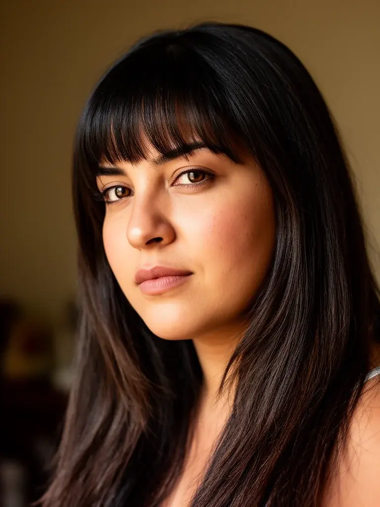 Bottleneck bangs on a Mexican woman with long layers, soft directional light