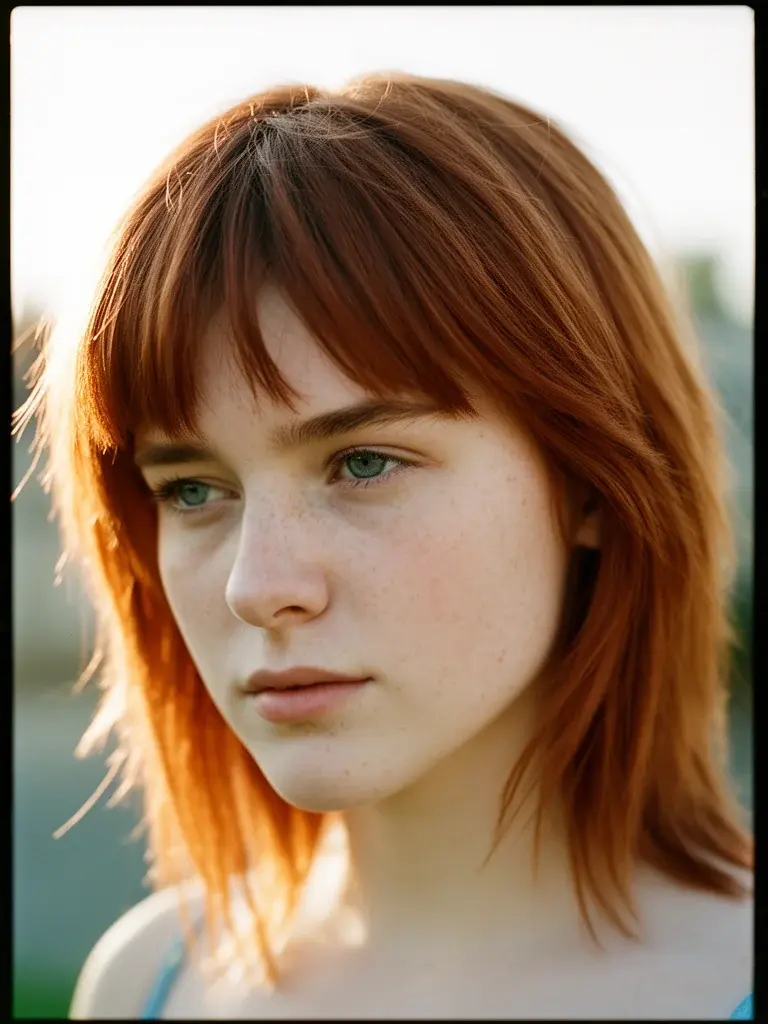 Irish woman with auburn wolf cut, backlit to highlight layer movement