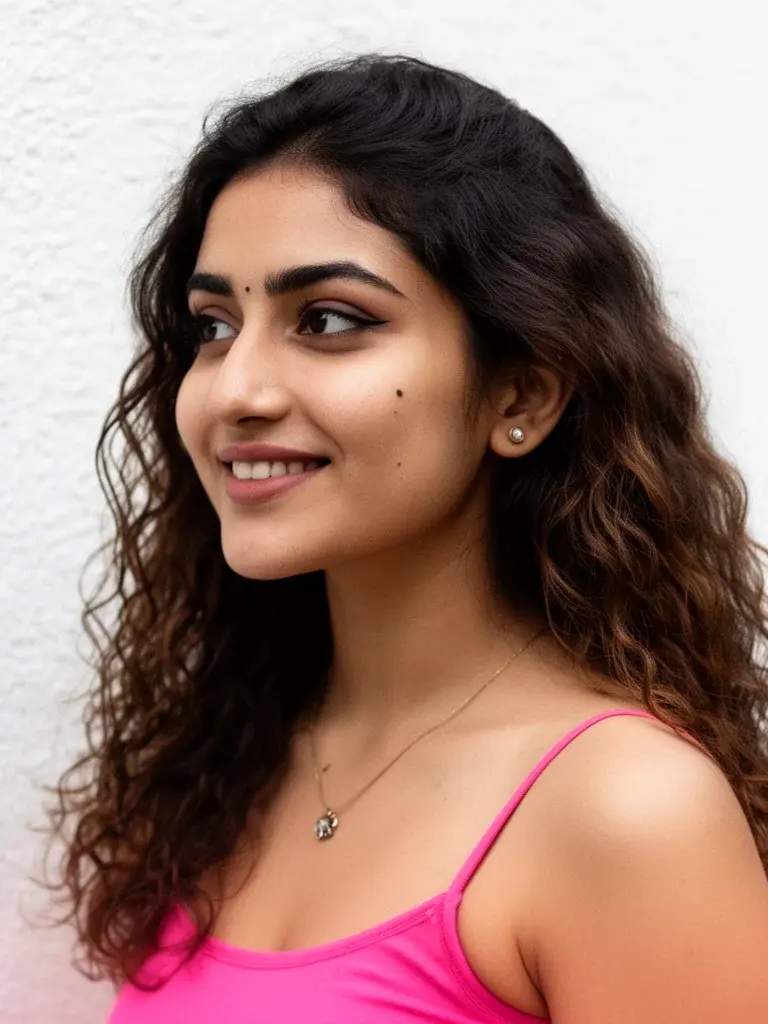 Beach waves three-quarter view on a North Indian woman with dark brown hair