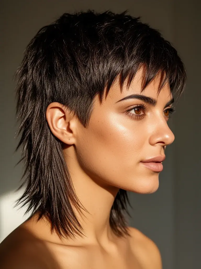 Italian woman with wolf cut, side profile showing layer depth and graduation