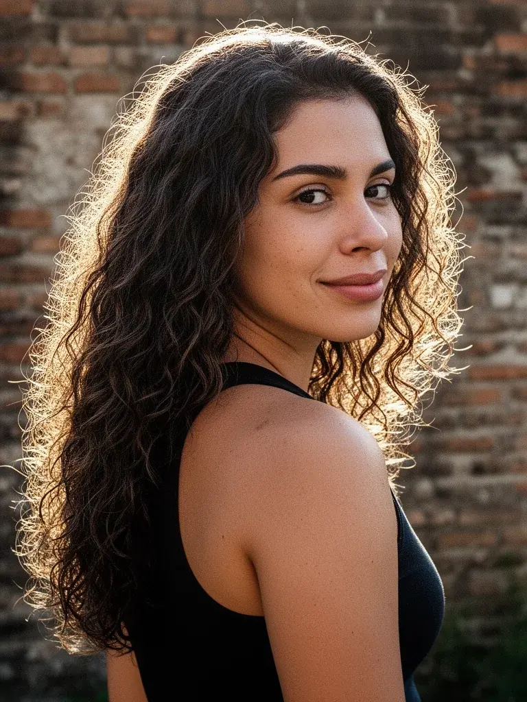 Beach waves back-glance on a Brazilian woman, backlit showing waves flowing down back