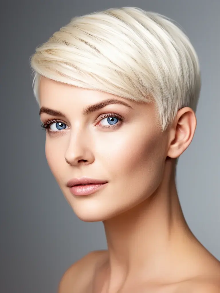 Long pixie cut polished version on a white woman with platinum blonde hair, studio light