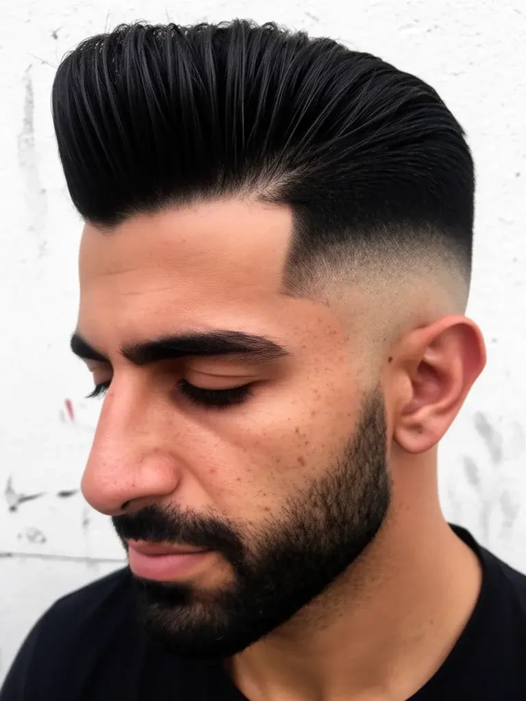 High volume pompadour three-quarter angle showing sweep direction