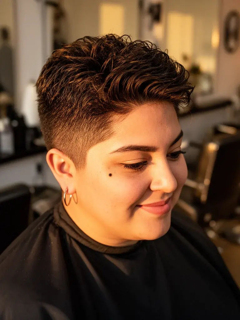 Short pixie cut overhead salon view, dark brown hair freshly styled
