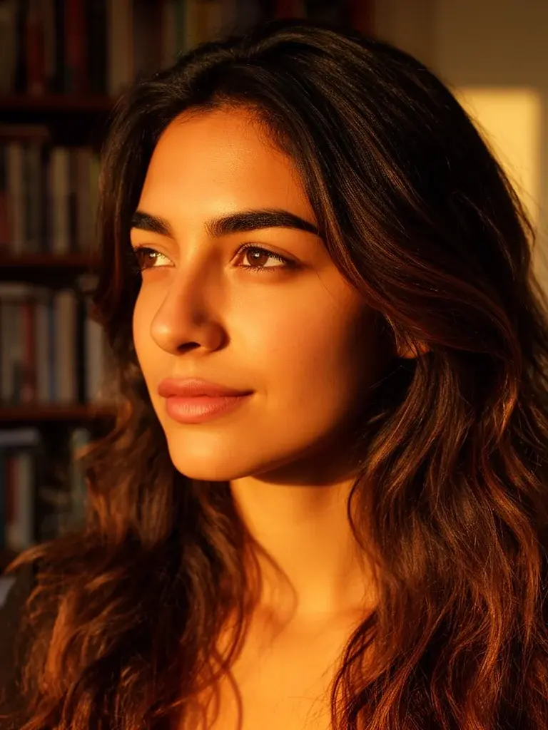 Mexican woman with face-framing layers, casual three-quarter view in warm light
