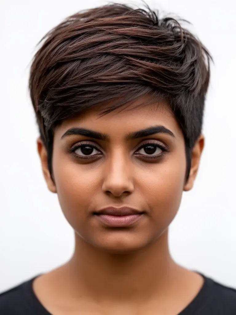 Layered pixie cut front view on a South Asian woman with dark hair showing textured crown