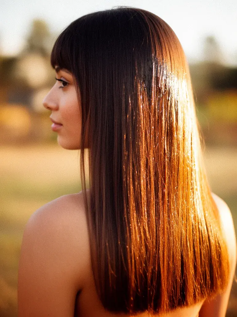 Middle Eastern woman with deep brown blunt long hair, close-up of the precise horizontal end line