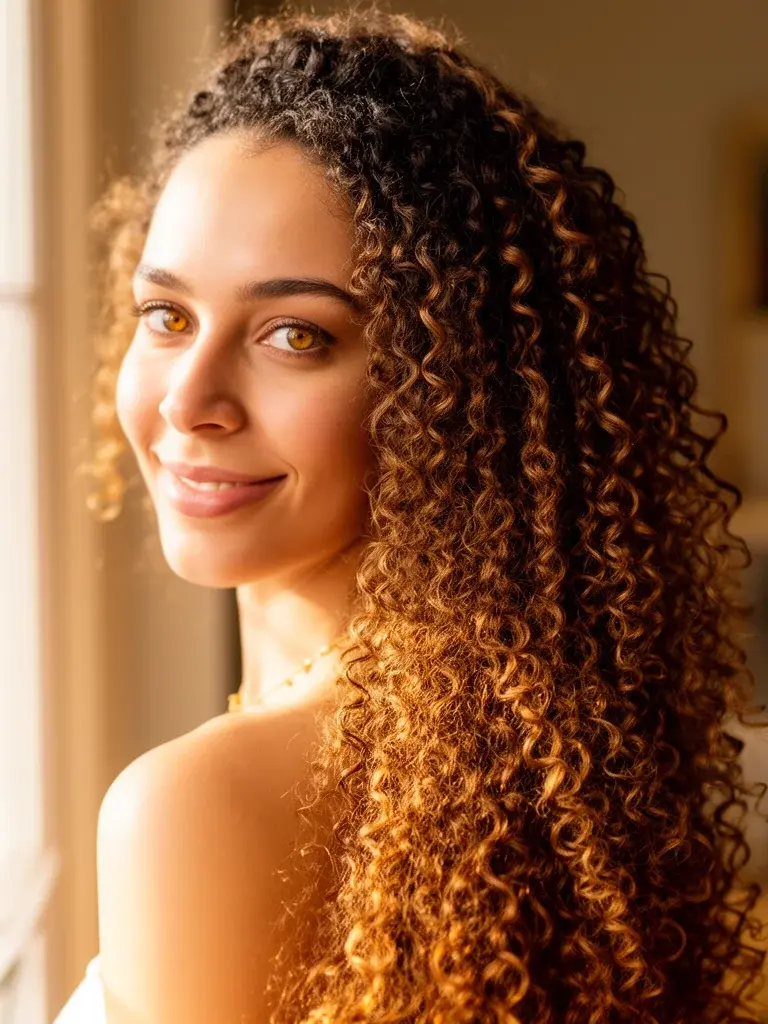 Mixed heritage woman with hip-length curly hair gathered to one side, showing the weight and volume of super-long curls