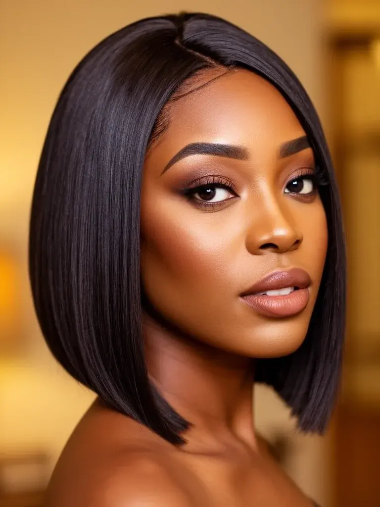 Asymmetrical bob three-quarter view on a Black woman with natural straight-ironed dark hair