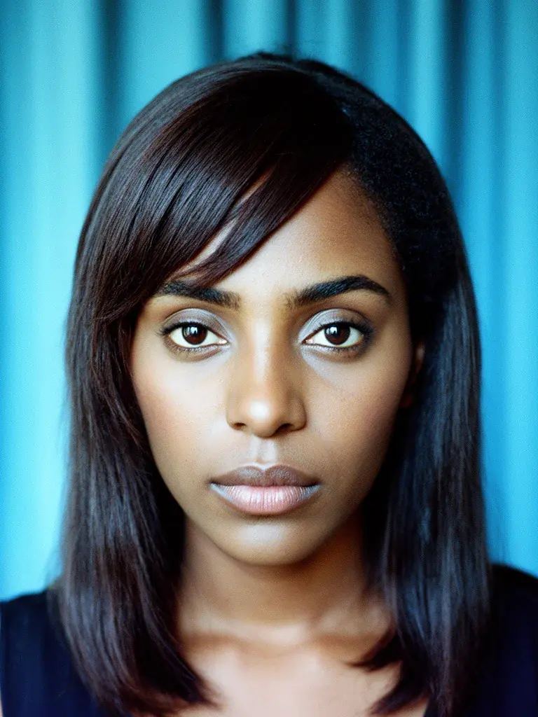Ethiopian woman with side-swept bangs, front view in cool-toned light