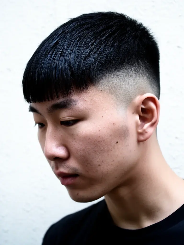 Micro fringe crop on square face with mid fade