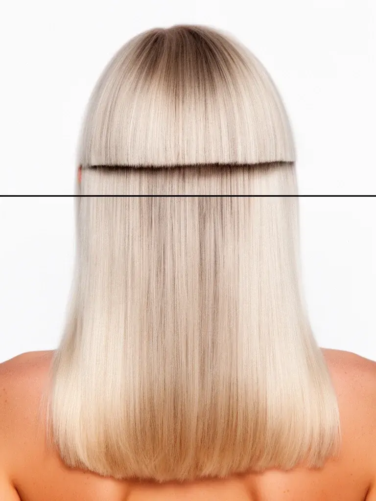 East Asian woman with glass-hair blunt long cut, front view showing mirror-like shine and perfect horizontal ends