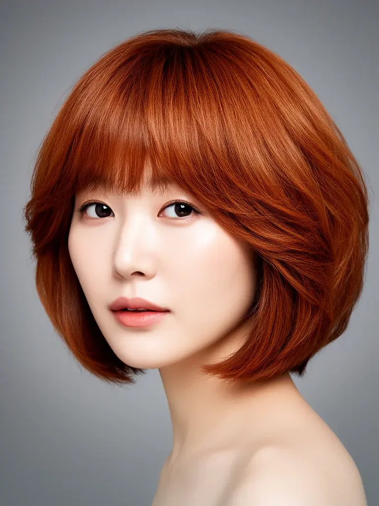 Shaggy bob blowout version on a Korean woman with copper-toned hair