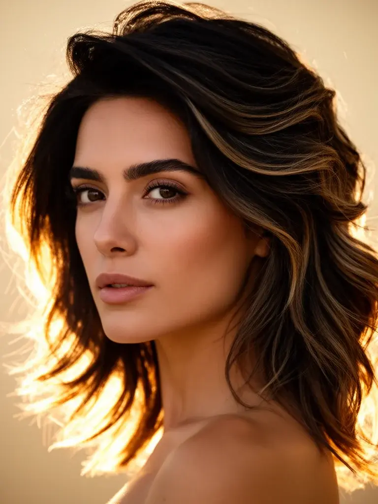 Greek woman with butterfly cut, three-quarter view with soft backlighting