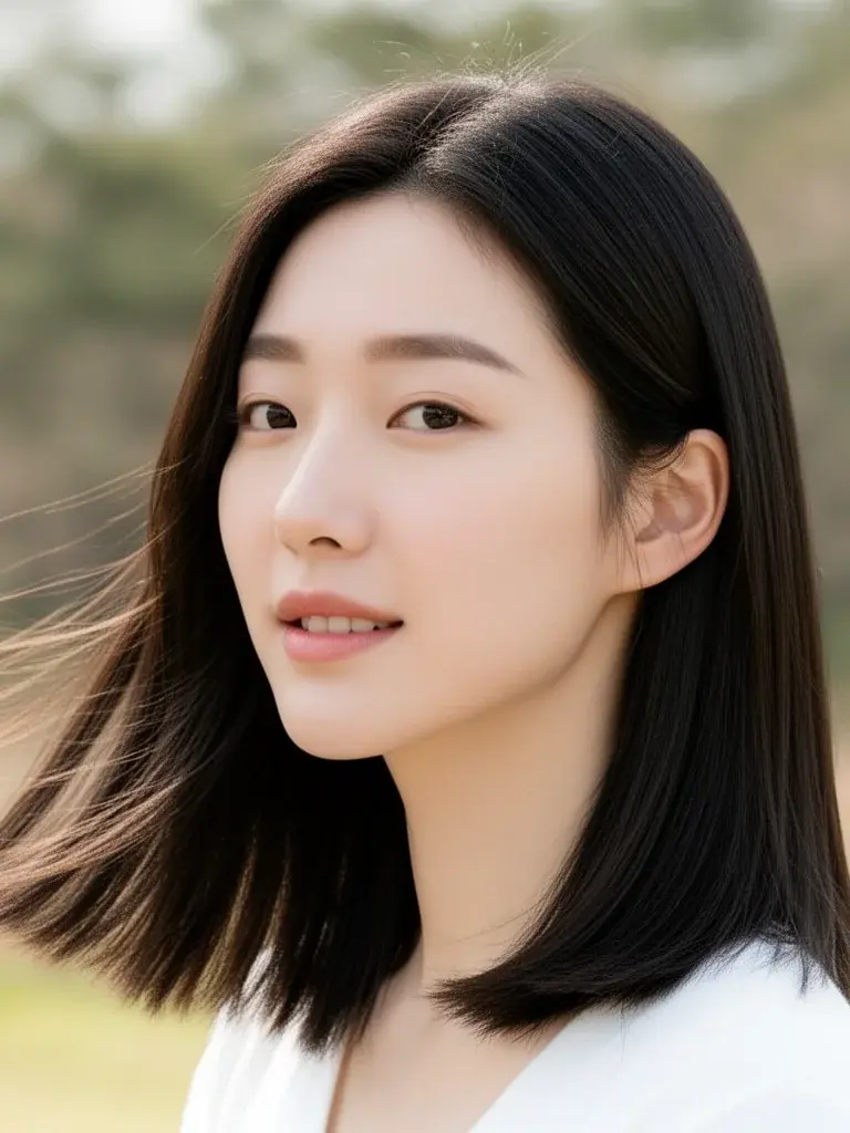 Sleek straight medium hair on a Korean woman, wind-caught movement