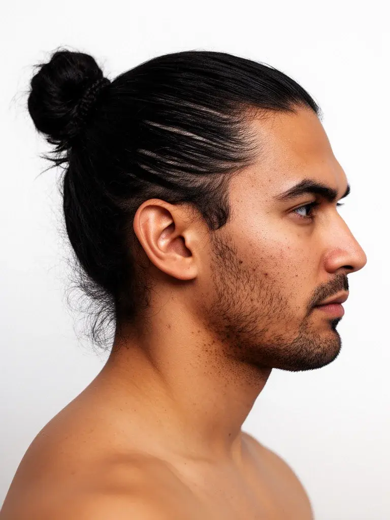 Man bun back view showing the bun shape and gathered hair