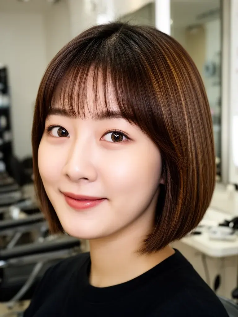 Korean woman with a-line bob, three-quarter salon view with fresh styling