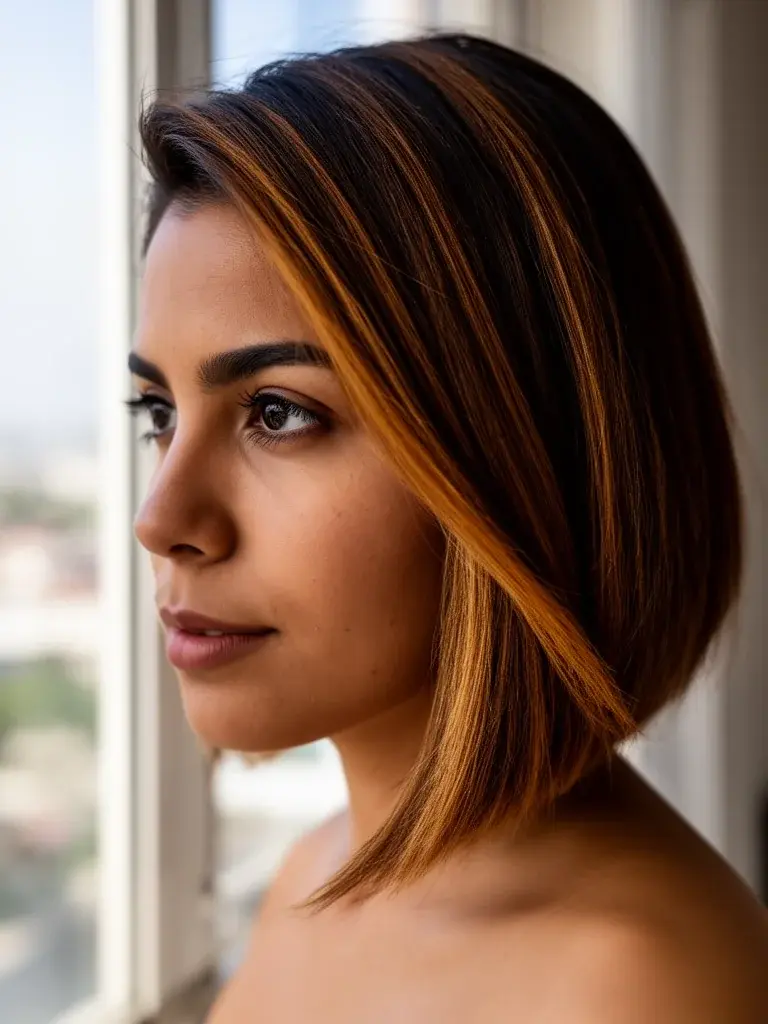 Asymmetrical bob long-side view on a Latina woman with warm brown hair and highlights