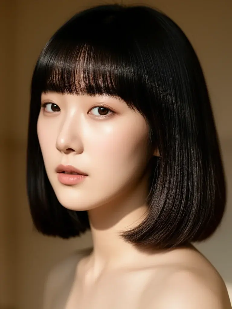Blunt bangs on a Korean woman with lob, soft directional light