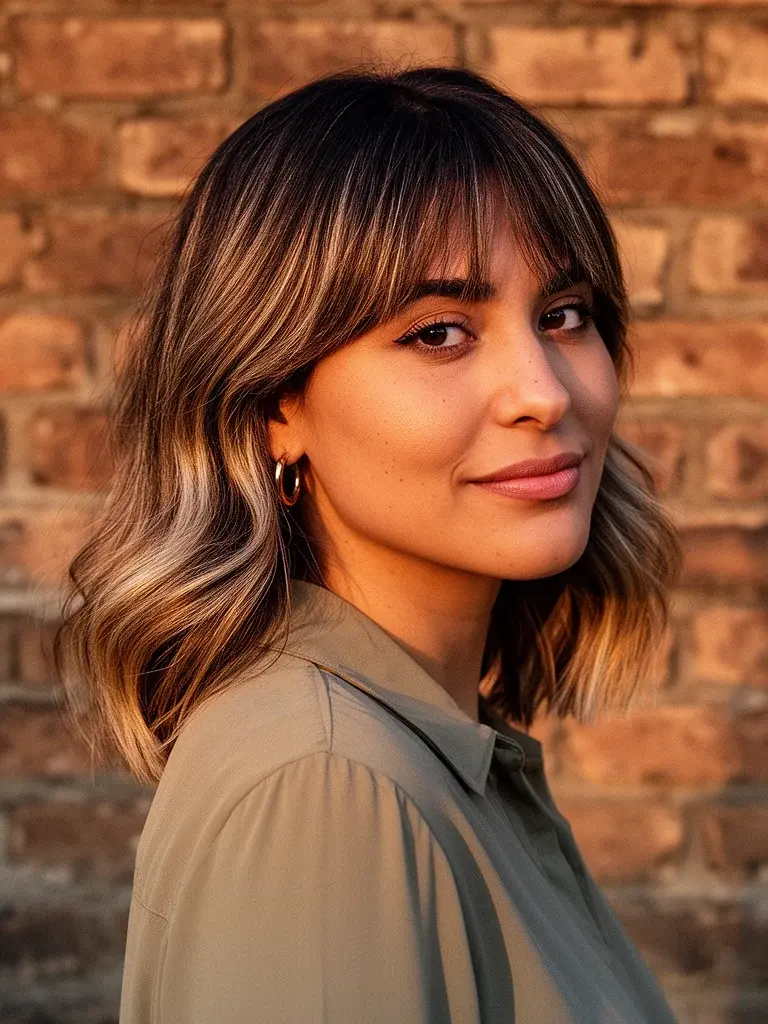 Curtain bangs over-shoulder glance on a Brazilian woman with balayage