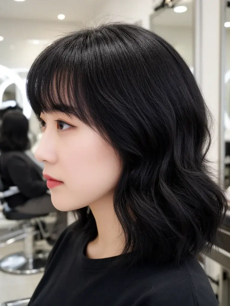 Chinese woman with wispy bangs, side salon view showing fresh styling
