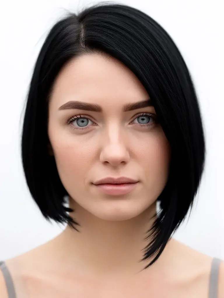 Asymmetrical bob front view on a white woman with jet black hair showing clear length difference between sides