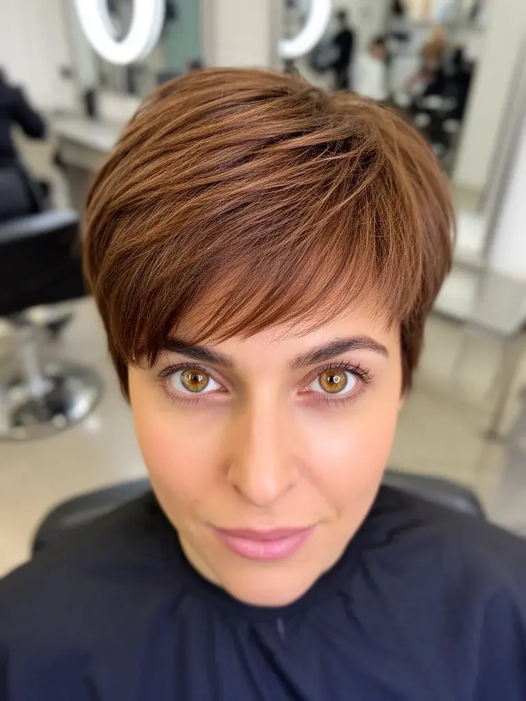 Layered pixie cut overhead salon shot showing interior layers on a brunette woman