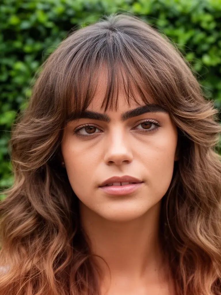 Brazilian woman with wispy bangs, front view in natural outdoor light