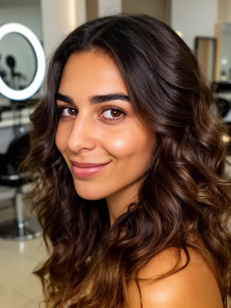Italian woman with boho waves, salon three-quarter view after fresh styling
