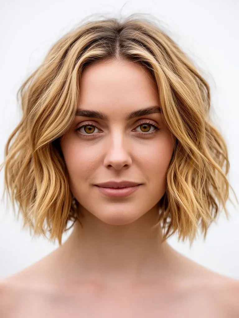 Shaggy bob front view on a white woman with natural beach waves and honey blonde highlights