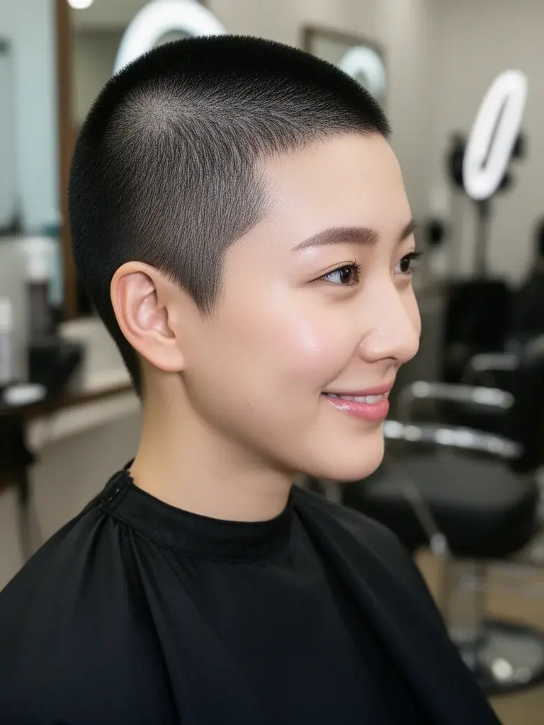 Korean woman with buzz cut in salon, side profile showing precise clipper work