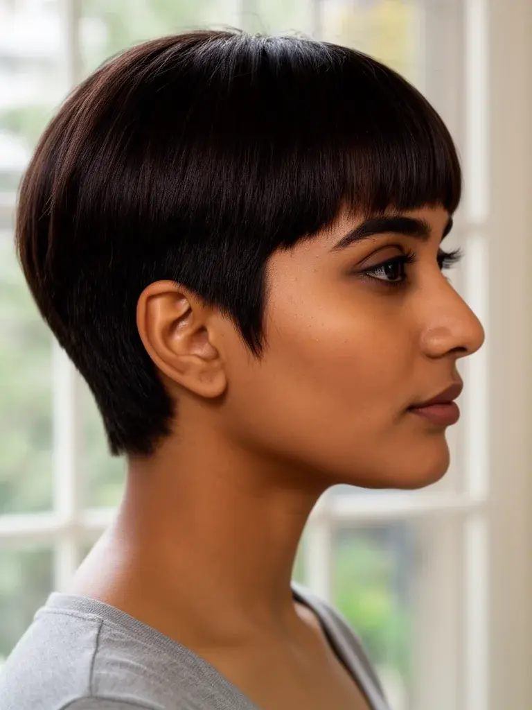Pixie short bangs side profile on a South Asian woman with dark hair showing bang depth and side taper