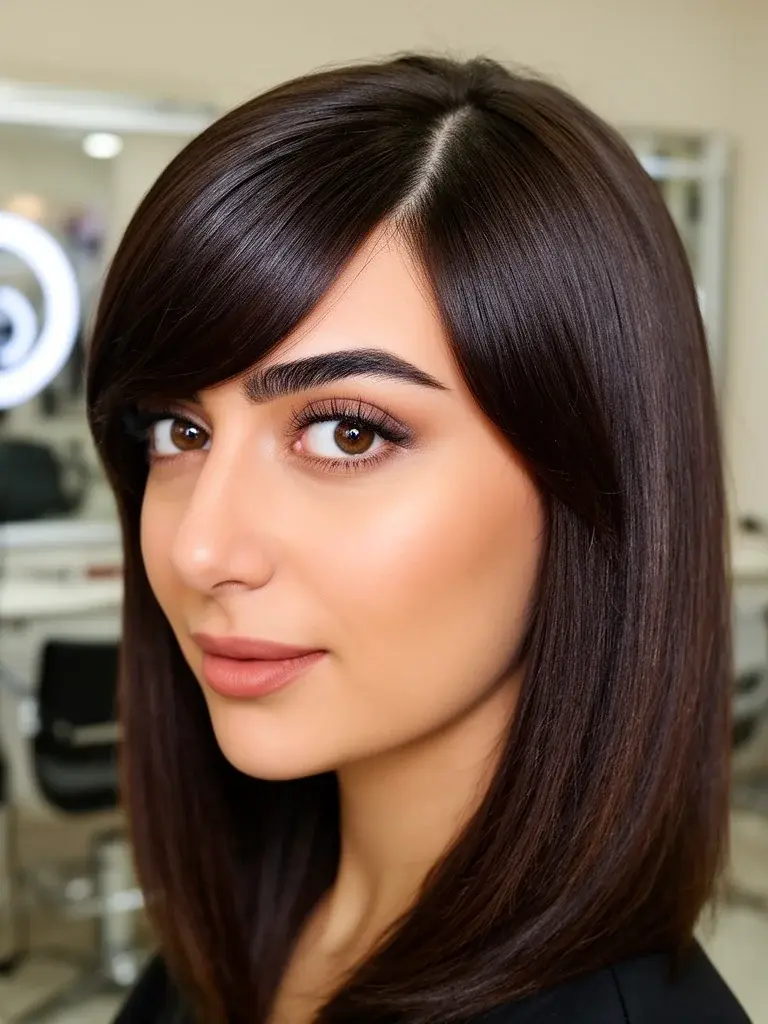 Turkish woman with side-swept bangs, salon front view with fresh styling