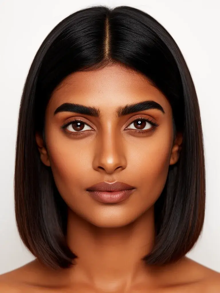 Indian woman with sleek lob, front-facing view showing collarbone length and center part