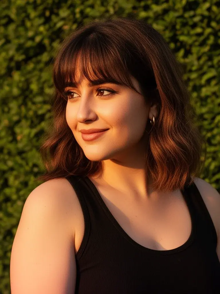Curtain bangs three-quarter view on a Turkish woman with medium brown hair outdoors