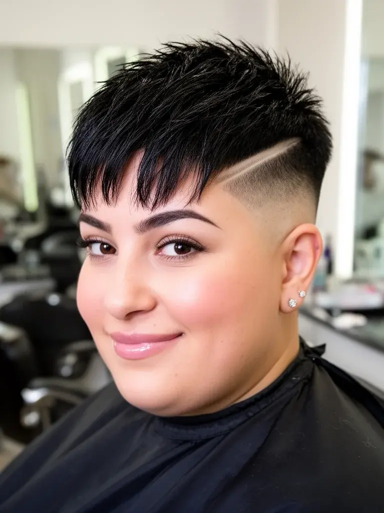 French crop salon view on a Spanish woman with natural black hair