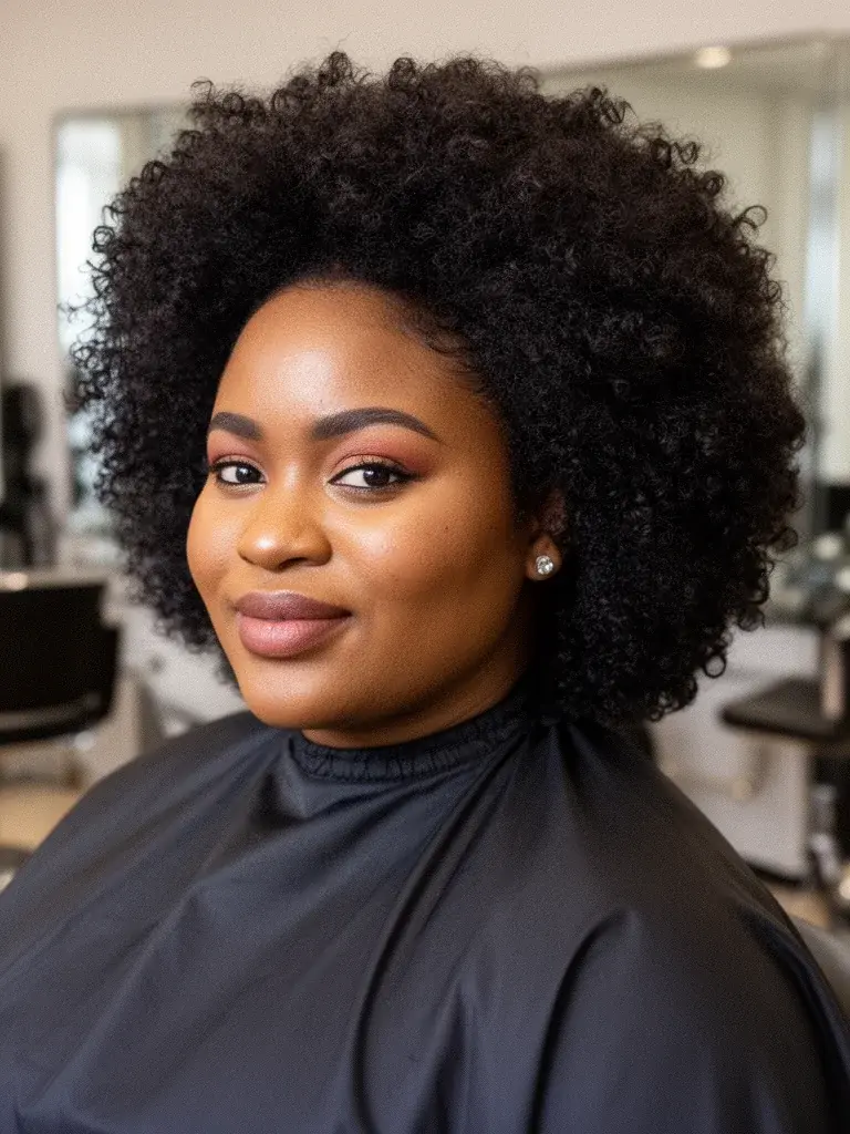 Natural afro three-quarter salon view on a Nigerian woman freshly styled