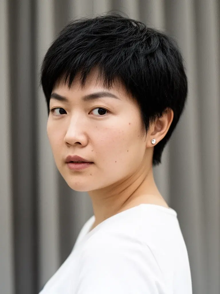 Boy cut over-shoulder glance on a Chinese woman with natural black hair
