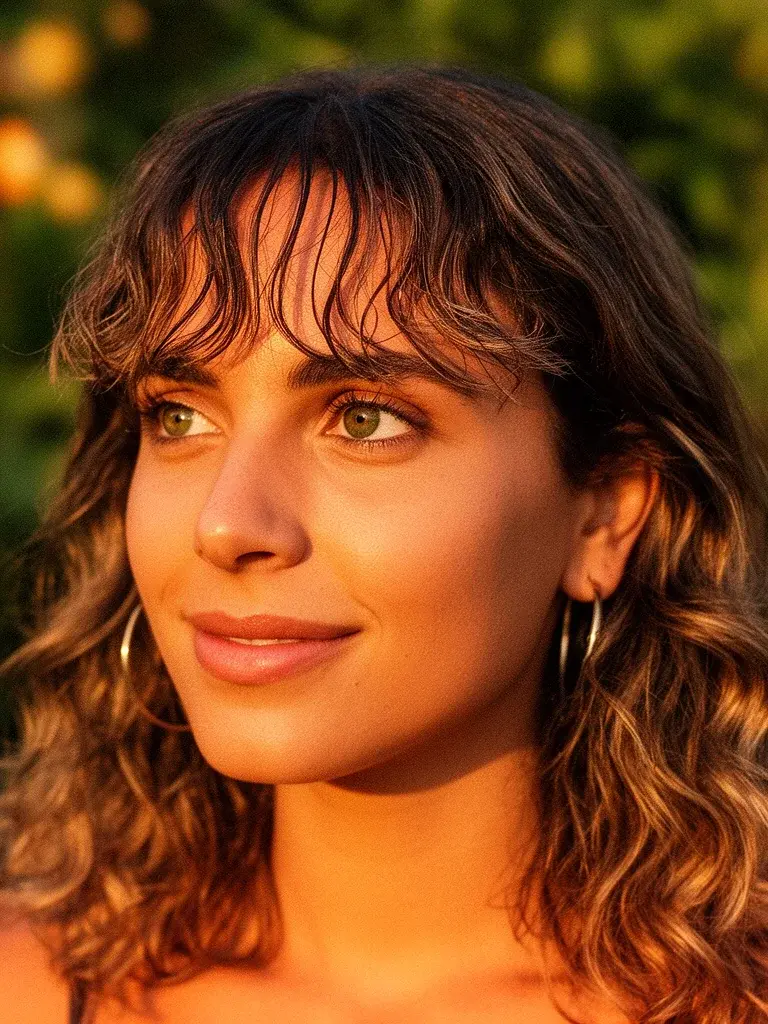 See-through bangs on a Brazilian woman with wavy hair, bangs gently separated showing forehead