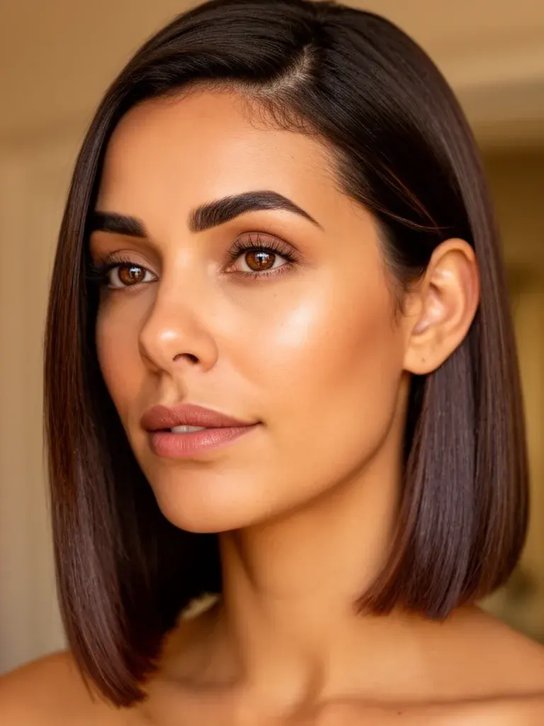 Sleek straight medium hair on a Brazilian woman, tucked behind one ear
