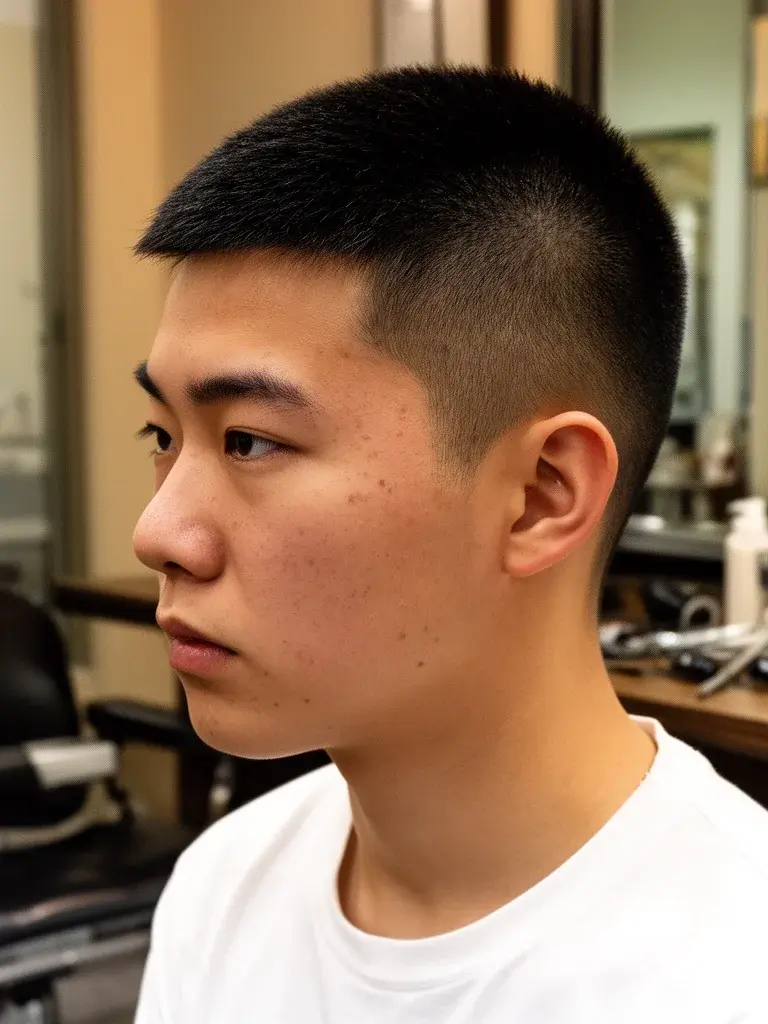 Burr cut side profile with clean temple line and minimal texture