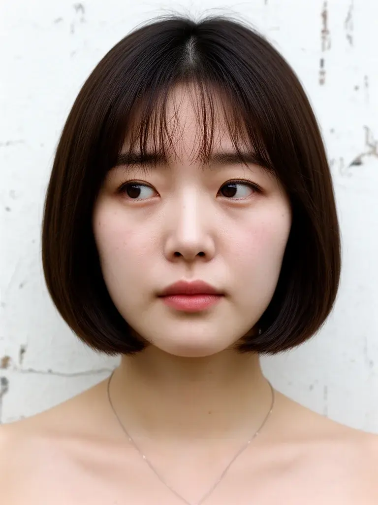 Classic bob front view on Korean woman with dark brown chin-length cut and center part