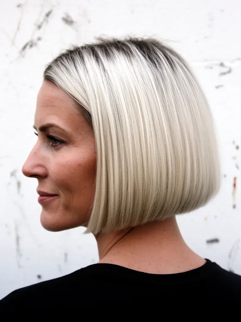 Classic bob near-back view on Scandinavian woman with platinum blonde and shadow root