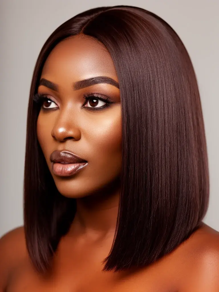 Sleek straight medium hair three-quarter view on a Nigerian woman with deep brown color